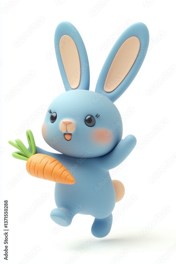 Obraz premium Cute Blue Bunny Character with Carrot in Playful Pose