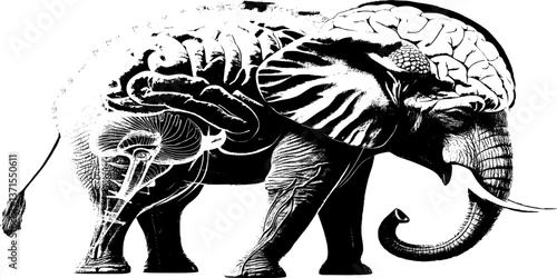 This black and white illustration shows an artistic representation of an elephant, highlighting its skeletal structure and organs in anatomical detail, creating a striking visual.
