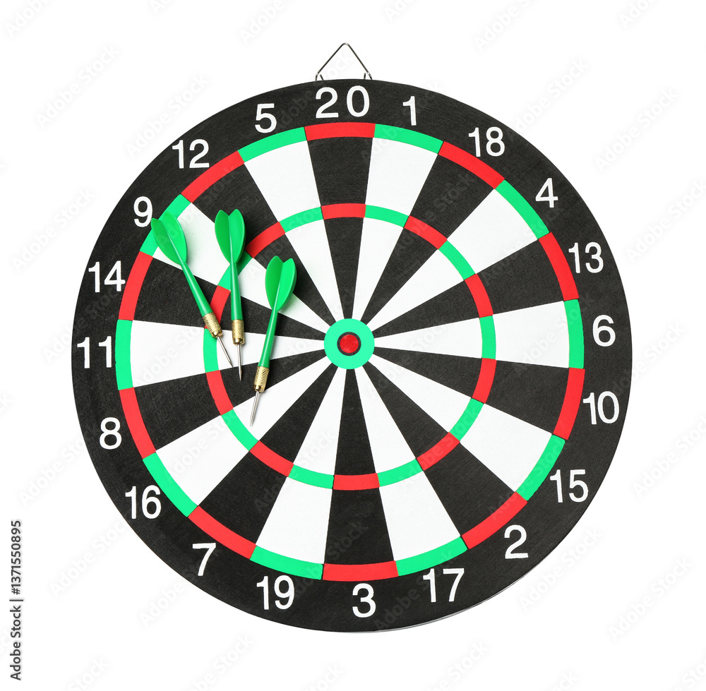 Dartboard and arrows isolated on white, top view. Sports equipment Dartboard and arrows isolated on white, top view. Sports equipment