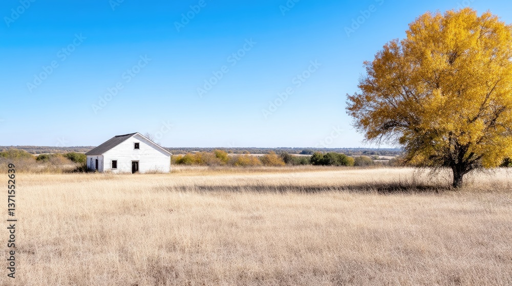 Empty, white farmhouse in a golden autumn field Empty, white farmhouse in a golden autumn field