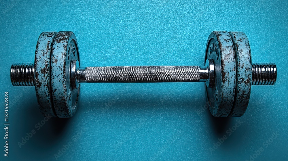 Naklejka premium A single dumbbell lies horizontally on a vibrant blue background, a striking visual of strength training, fitness, and healthy choices.