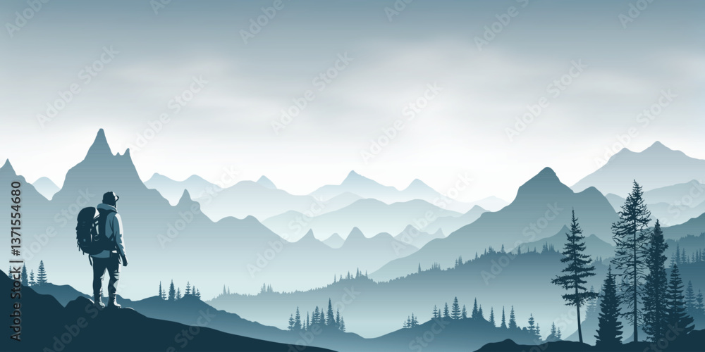 Obraz premium A tourist meets the sunrise in the mountains, hiking, adventure tourism and travel, vector illustration
