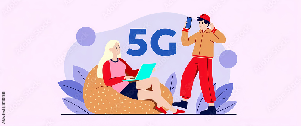 woman and man using laptop and mobile phone with 5g network woman and man using laptop and mobile phone with 5g network