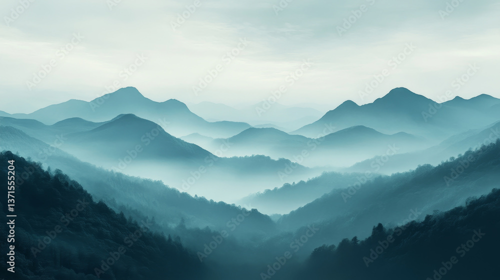 Misty Mountains in Teal Hues Misty Mountains in Teal Hues