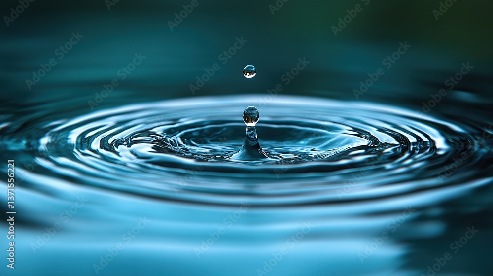 A single water drop falls, creating ripples on a blue water surface with a light blue background, representing purity, hydration, and refreshment. A single water drop falls, creating ripples on a blue water surface with a light blue background, representing purity, hydration, and refreshment.