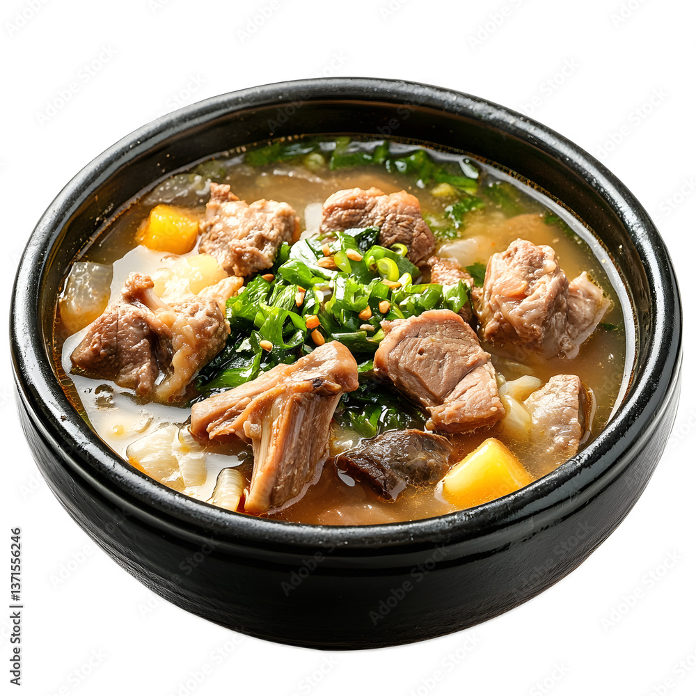 Hearty Korean Pork Bone Soup with Vegetables in a Black Bowl Hearty Korean Pork Bone Soup with Vegetables in a Black Bowl