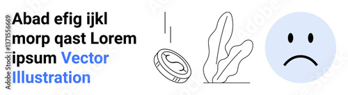 Sad face next to falling coin near an abstract leaf design conveying feelings of loss, disappointment, or financial struggle. Ideal for finance, business, emotion, economics, savings, setbacks