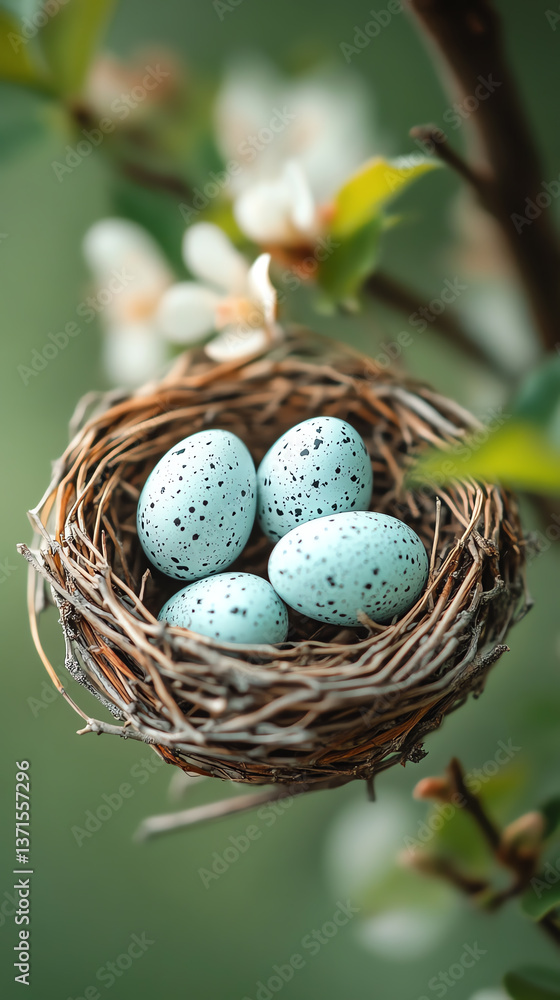A close-up of a bird's nest containing beautiful speckled blue eggs nestled among blooming flowers. A close-up of a bird's nest containing beautiful speckled blue eggs nestled among blooming flowers.