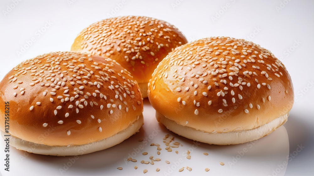 Fresh burger buns with sesame seeds arranged on a clean white surface, simple and minimal presentation perfect for bakery, food packaging, or fast food design mockups Fresh burger buns with sesame seeds arranged on a clean white surface, simple and minimal presentation perfect for bakery, food packaging, or fast food design mockups