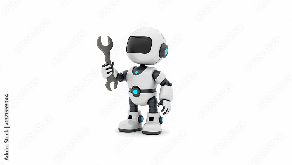 Fototapeta premium small friendly robot holds a wrench symbolizing repair and technological support.
