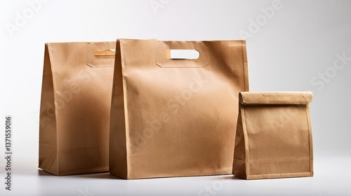 Fast food paper bags placed on plain background, simple packaging used for takeaway, delivery, or restaurant use, perfect for branding, mockups, or food business visuals.