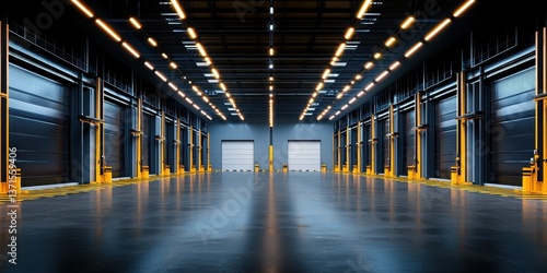 Modern industrial warehouse interior with loading docks, high ceilings, and ample floor space.