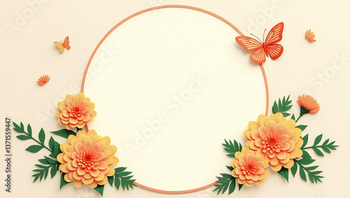 paper craft of dahlias and butterflies arranged around a circular frame