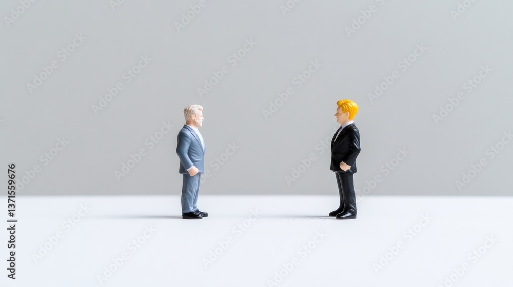 Two miniature figures in suits facing each other Two miniature figures in suits facing each other