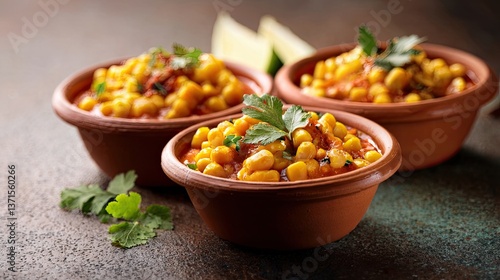 masala corn served in small terracotta cups, spicy and tangy corn snack, popular indian street food made with sweet corn, spices and lemon, perfect for evening snack or appetizer