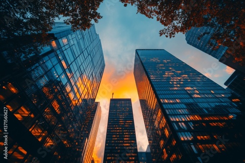 Looking up at tall glass buildings reflecting sunset sky