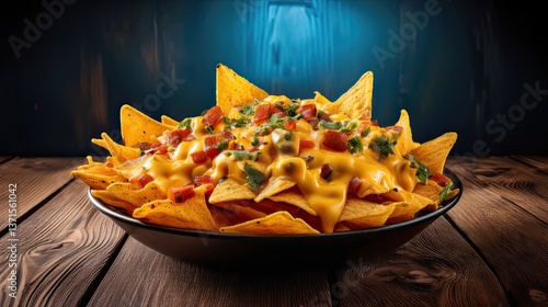 nachos with cheese and dip, crispy nachos served with cheesy dip, mexican snack, party food, popular fast food, tortilla chips with melted cheese and sauce for snacking or sharing