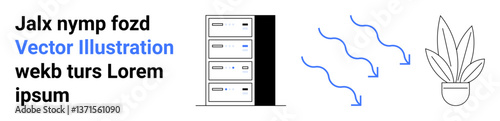 Vertical server racks, blue airflow arrows, and potted plant. Ideal for technology, IT, sustainability, climate, efficiency data hosting office design. Great for flat landing page banner