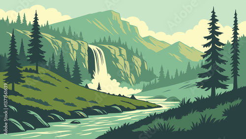Lush green valley, cascading waterfall, and towering pines create a serene mountain landscape.