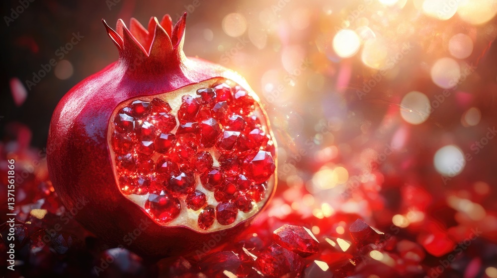 Vibrant Pomegranate with Juicy Seeds Radiating in Warm Light, Creating an Inviting and Luscious Atmosphere Vibrant Pomegranate with Juicy Seeds Radiating in Warm Light, Creating an Inviting and Luscious Atmosphere