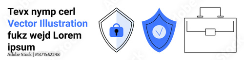 Lock and checkmark on shields alongside a briefcase symbolize security, privacy, trust, and professionalism. Ideal for cybersecurity, data protection, business trust, online safety, risk management
