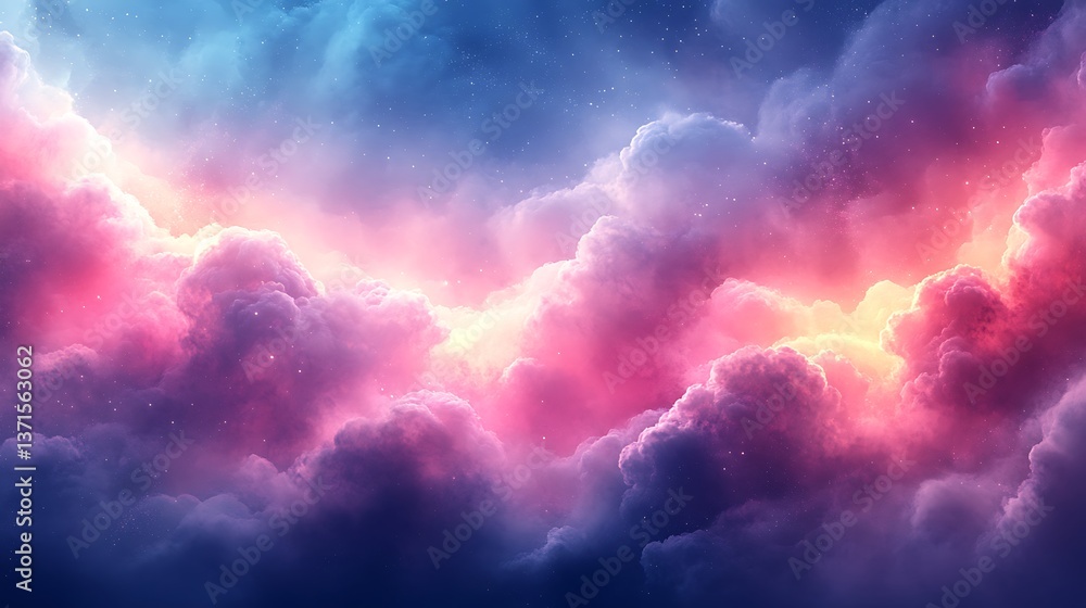 Obraz premium Dreamy Celestial Scenery: A Pink and Blue Sky Filled with Beautiful Fluffy Clouds and Sparkling Stars.