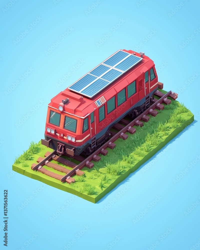 Solar-Powered Red Train on Tracks in a Green Landscape Environment Solar-Powered Red Train on Tracks in a Green Landscape Environment