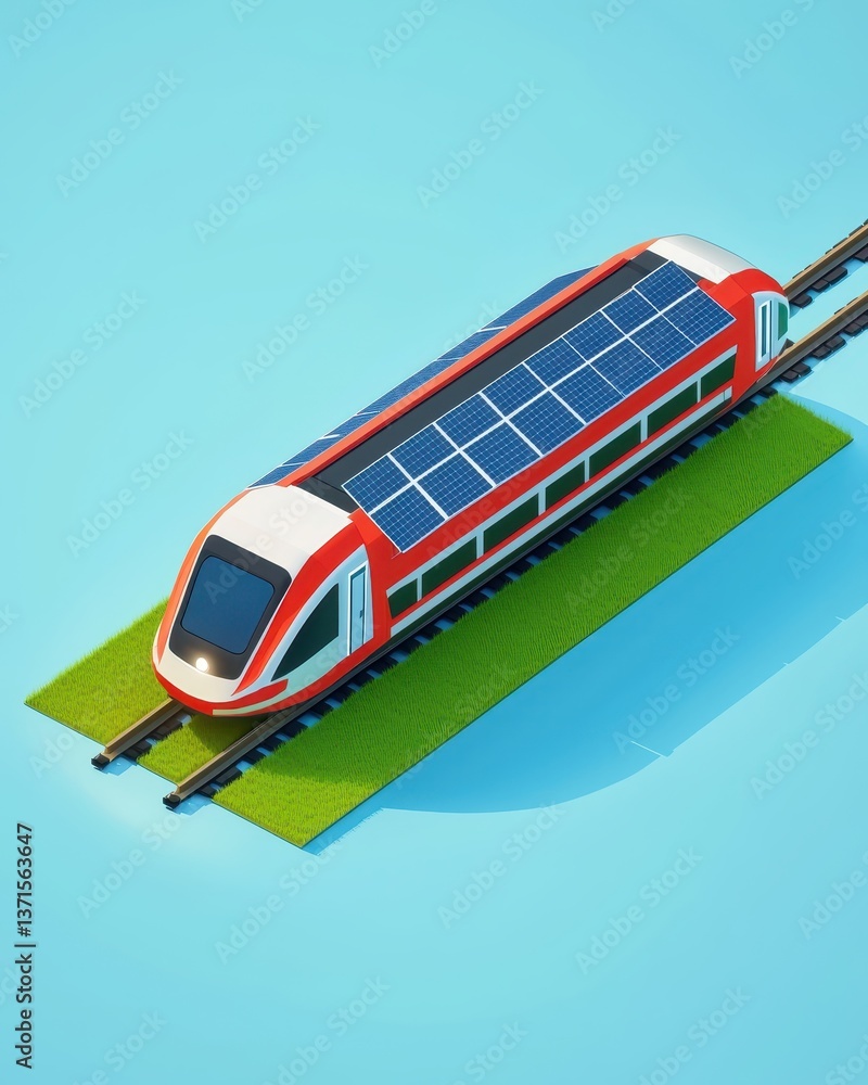 Fototapeta premium Innovative Solar-Powered Train on Tracks with Grass Base