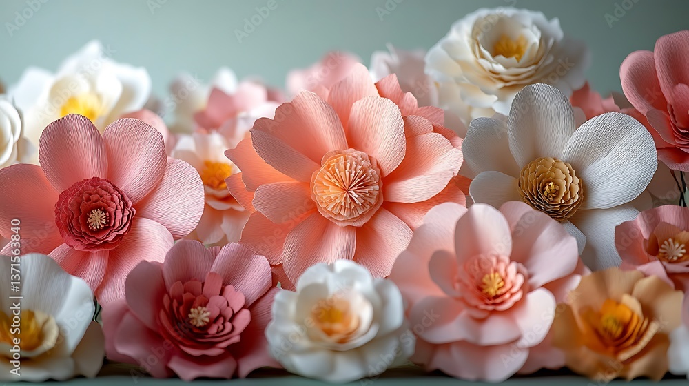 Elegant Arrangement of Paper Flowers in Pastel Hues for Decoration and Creative Projects, A Variety of Floral Shapes. Elegant Arrangement of Paper Flowers in Pastel Hues for Decoration and Creative Projects, A Variety of Floral Shapes.