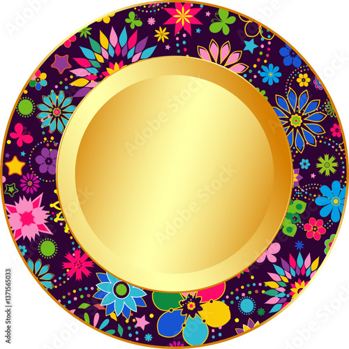 Vector round Easter golden gradient plate with colorful pattern isolated on transparent background