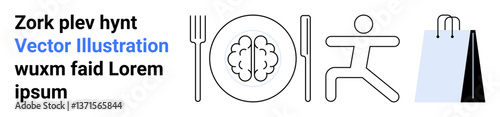 Brain in plate next to fork, knife, running figure, and shopping bags. Ideal for health, wellness, fitness, mindfulness, eating habits mental clarity and simple landing page