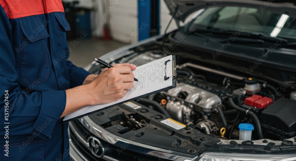 custom made wallpaper toronto digitalMale Mechanic in Blue Uniform Performing Inspection on Car Engine in Repair Shop with Maintenance Checklist