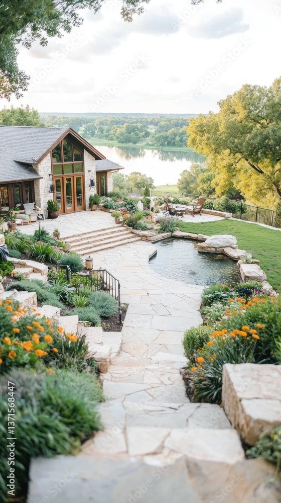 Naklejka premium Hillside home with stone patio, landscaping, and river view
