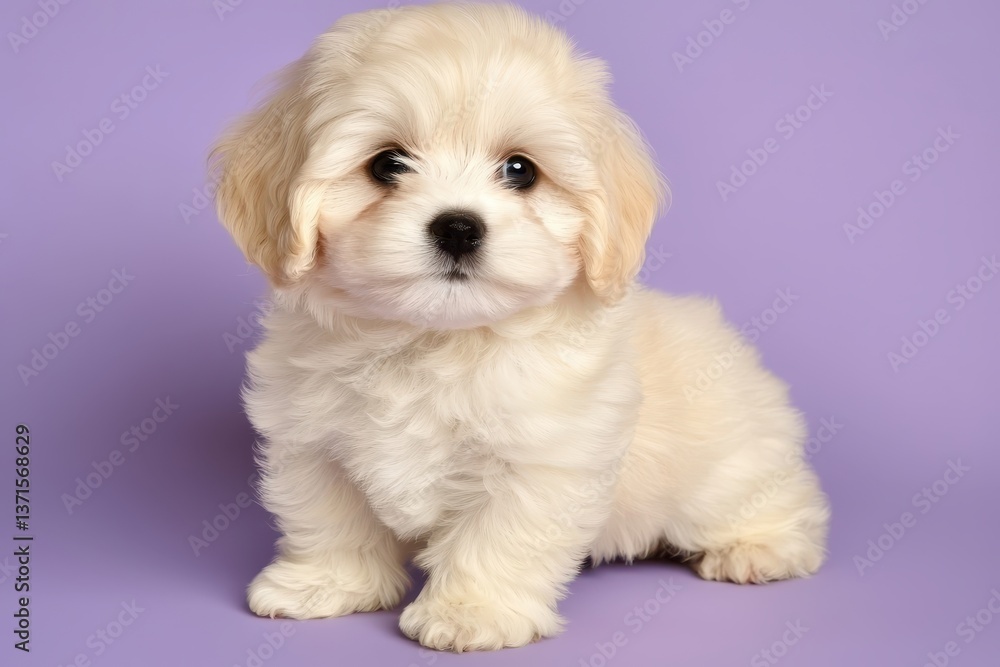 Adorable fluffy puppy sitting on a pastel purple background Adorable fluffy puppy sitting on a pastel purple background