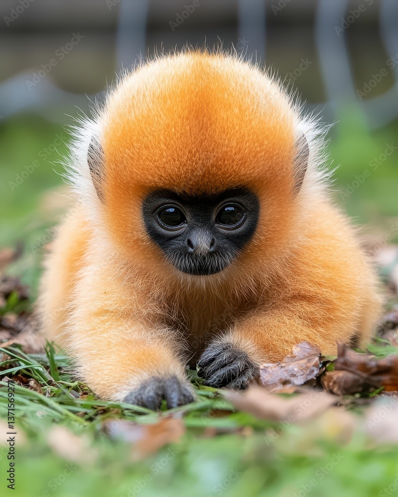 Fototapeta premium Cute Baby Monkey with Fluffy Orange Fur in Natural Habitat Setting
