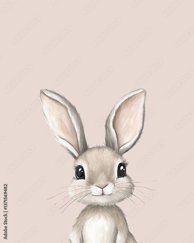 Obraz premium Cute cartoon rabbit with large ears and expressive eyes on beige background