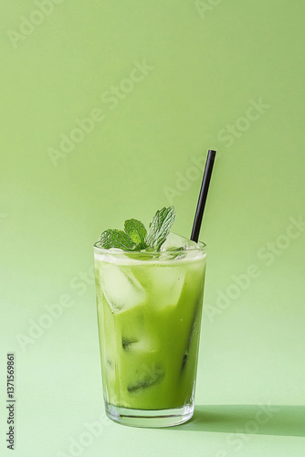 Matcha Iced Tea with Mint on Green Background