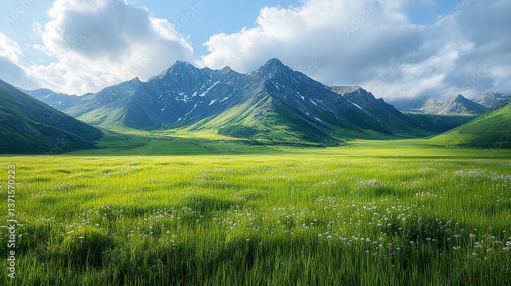 Fototapeta premium A vast green meadow stretches towards majestic mountains under a cloudy sky, creating a serene, picturesque landscape that invites tranquility and appreciation of nature's beauty.