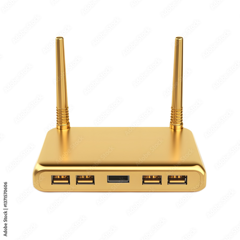 Golden router with multiple USB ports against a white background Golden router with multiple USB ports against a white background
