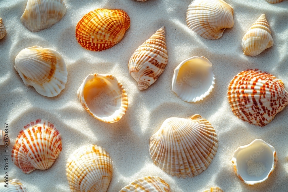 Collection of various seashells on wet sand with sunlight reflections Collection of various seashells on wet sand with sunlight reflections