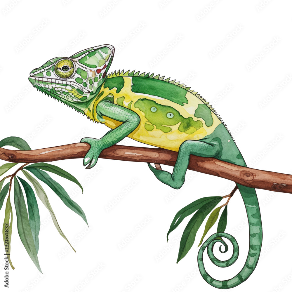 Obraz premium Chameleon on Branch - Watercolor Animal Illustration