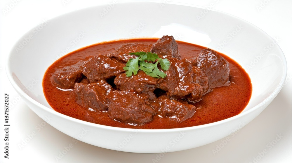 Dark Red Meat Curry in White Bowl on White Background Dark Red Meat Curry in White Bowl on White Background