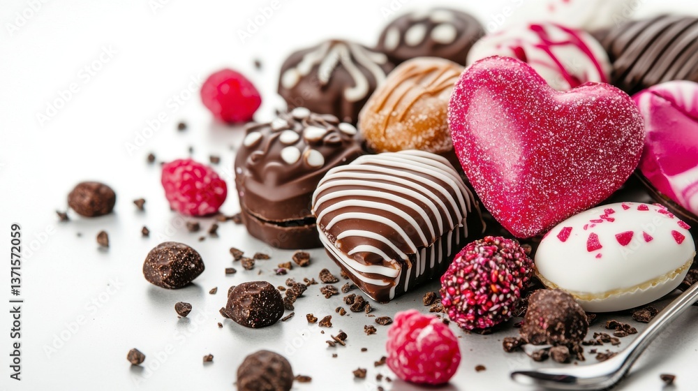 Delicious Assorted Chocolates and Heart Shaped Sweets on White Background Delicious Assorted Chocolates and Heart Shaped Sweets on White Background
