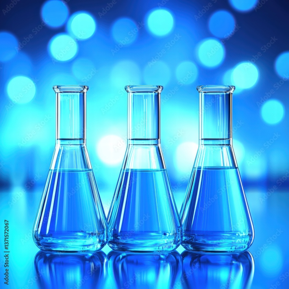 Three laboratory glassware containers filled with blue liquid showcasing scientific experimentation Three laboratory glassware containers filled with blue liquid showcasing scientific experimentation