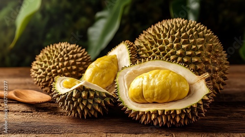 Vibrant durian with its spiky shell cracked open, revealing creamy yellow pulp 