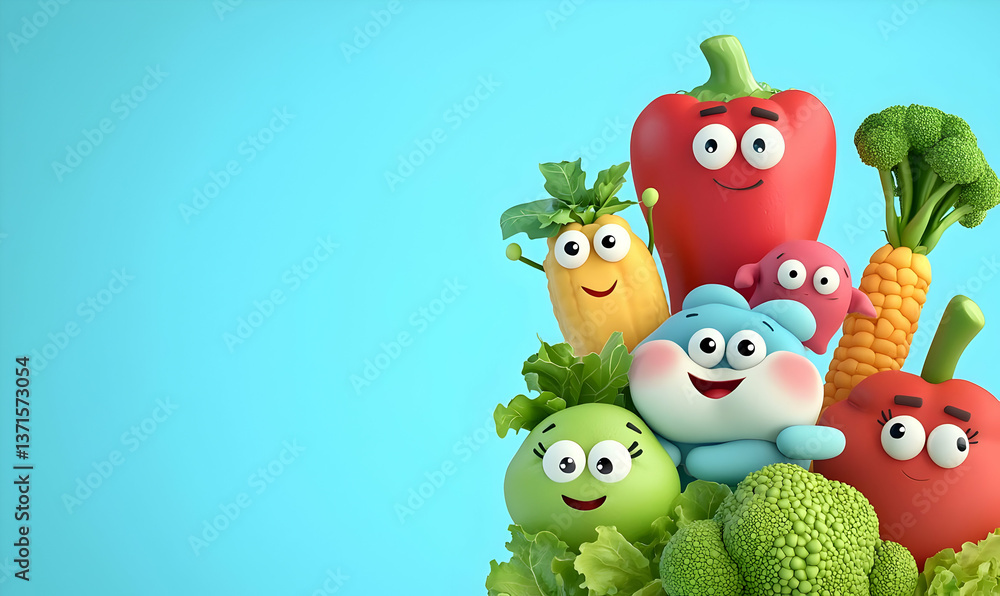 Fototapeta premium Colorful Cartoon Vegetables and Fruits with Happy Expressions