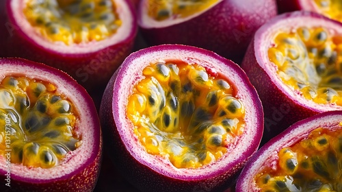 Ripe passion fruits halved to reveal golden seedy pulp glistening in detail 