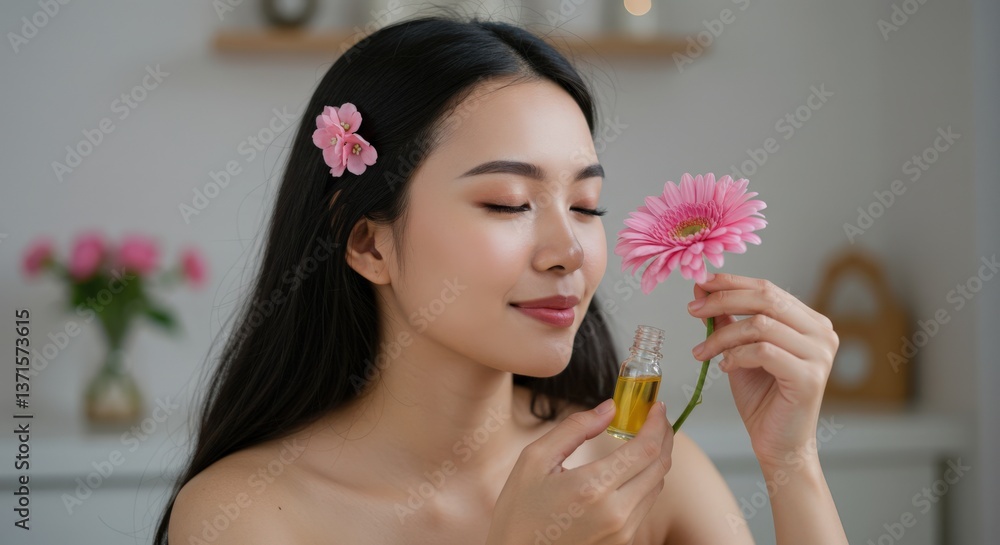 Fototapeta premium A Young Asian Woman Smelling a Flower While Holding a Bottle of Perfume in a Decorated Indoor Space with Soft Lighting and Floral Accents