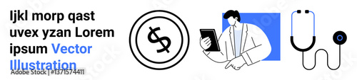 Dollar icon, a professional using a tablet, and a stethoscope emphasizing healthcare, financial decisions, online consultations, budgeting, remote healthcare, modern technology, abstract line flat
