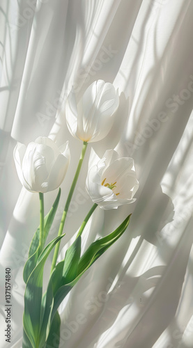 Serene white tulips bathed in sunlight against a sheer white curtain delicate petals and soft light creating a peaceful and elegant scene